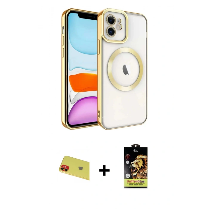 MARSİLYAN™- iPhone 11 Kılıf Nova Işık Özel Seri - Siyah Buffer Cam Ekran Koruyucu + Rainbow Kamera Lens Koruma Cam - KI