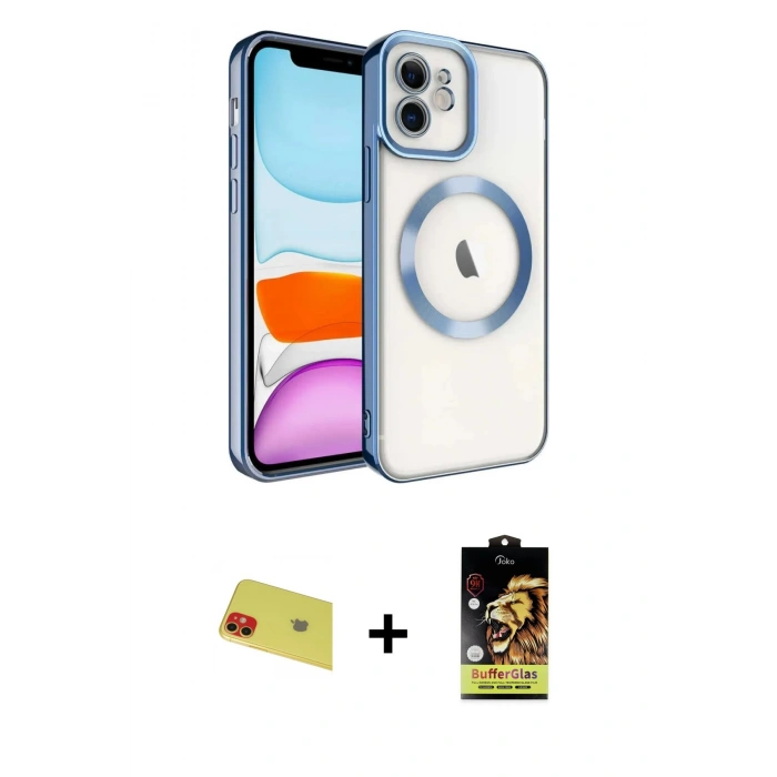 MARSİLYAN™- iPhone 11 Kılıf Nova Işık Özel Seri - Siyah Buffer Cam Ekran Koruyucu + Rainbow Kamera Lens Koruma Cam - KI