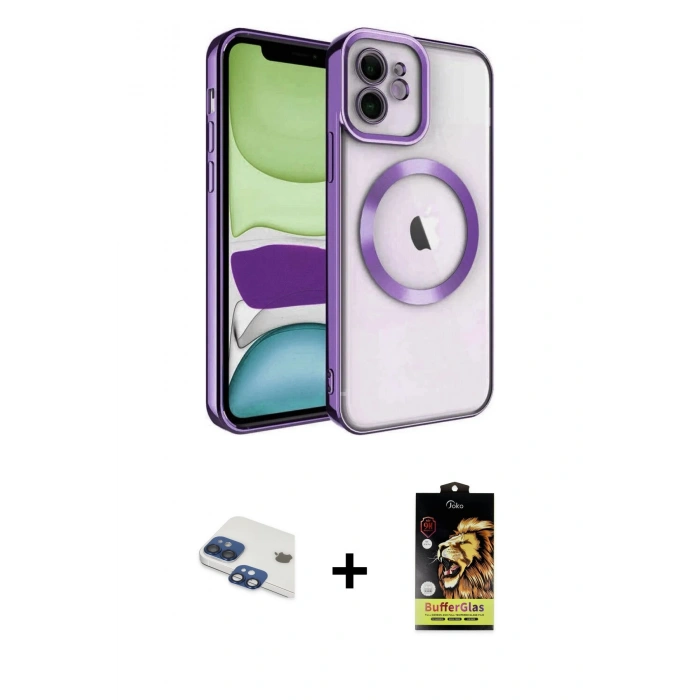 MARSİLYAN™- iPhone 11 Kılıf Nova Işık Özel Seri - Siyah Buffer Cam Ekran Koruyucu + Lacivert Pers Alüminyum Kamera Lens