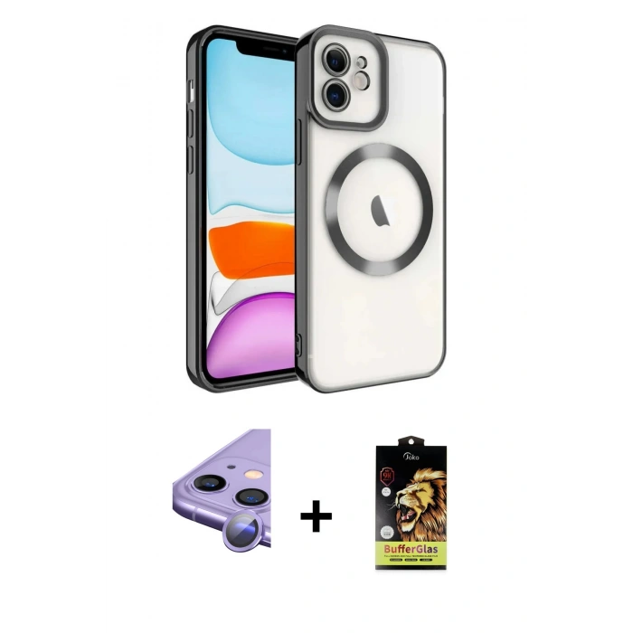 MARSİLYAN™- iPhone 11 Kılıf Nova Işık Özel Seri - Siyah Buffer Cam Ekran Koruyucu + Raze Metal Kamera Lens - MR