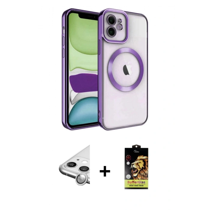 MARSİLYAN™- iPhone 11 Kılıf Nova Işık Özel Seri - Siyah Buffer Cam Ekran Koruyucu + Raze Metal Kamera Lens - GS
