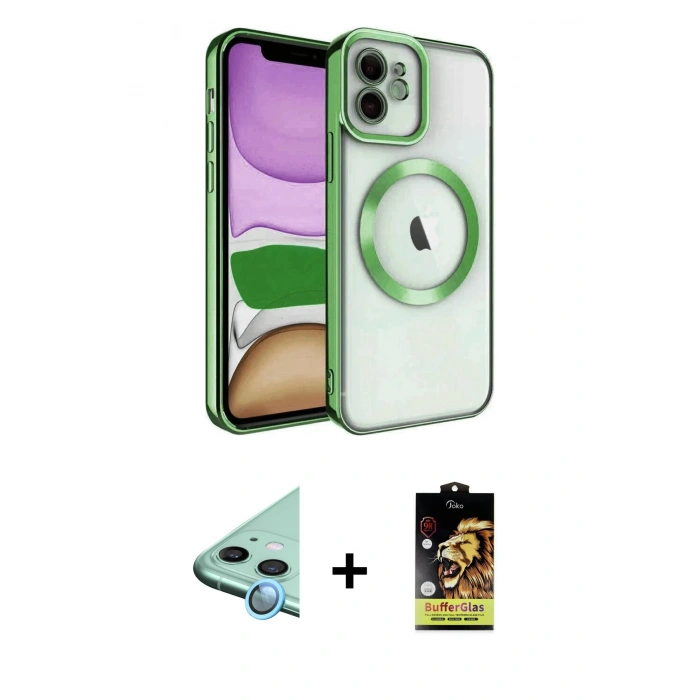 MARSİLYAN™- iPhone 11 Kılıf Nova Işık Özel Seri - Siyah Buffer Cam Ekran Koruyucu + Raze Metal Kamera Lens - MI