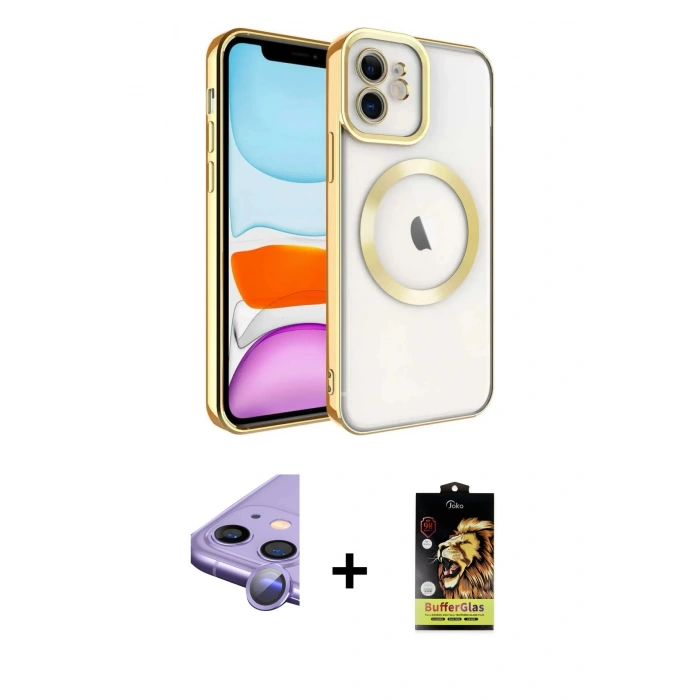 MARSİLYAN™- iPhone 11 Kılıf Nova Işık Özel Seri - Siyah Buffer Cam Ekran Koruyucu + Raze Metal Kamera Lens - MR
