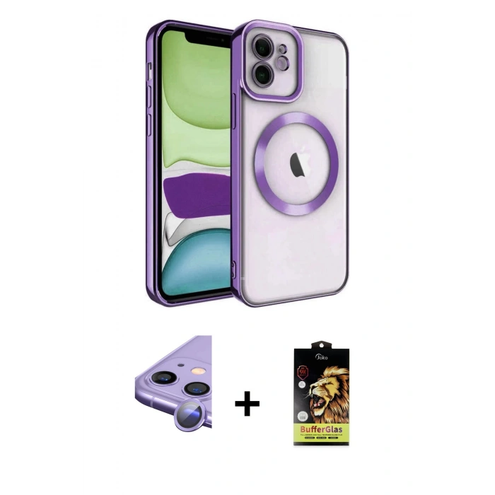 MARSİLYAN™- iPhone 11 Kılıf Nova Işık Özel Seri - Siyah Buffer Cam Ekran Koruyucu + Raze Metal Kamera Lens - MR