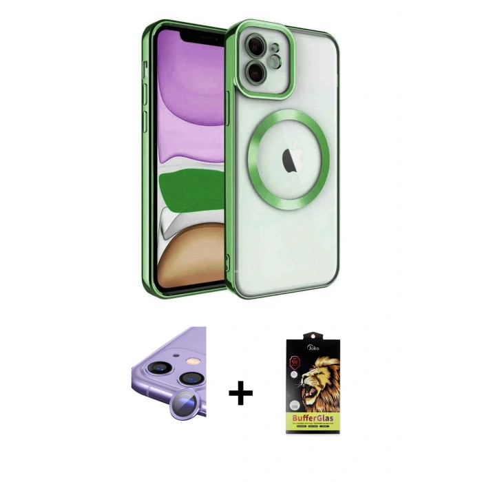 MARSİLYAN™- iPhone 11 Kılıf Nova Işık Özel Seri - Siyah Buffer Cam Ekran Koruyucu + Raze Metal Kamera Lens - MR