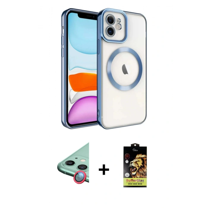 MARSİLYAN™- iPhone 11 Kılıf Nova Işık Özel Seri - Siyah Buffer Cam Ekran Koruyucu + Raze Metal Kamera Lens - KI
