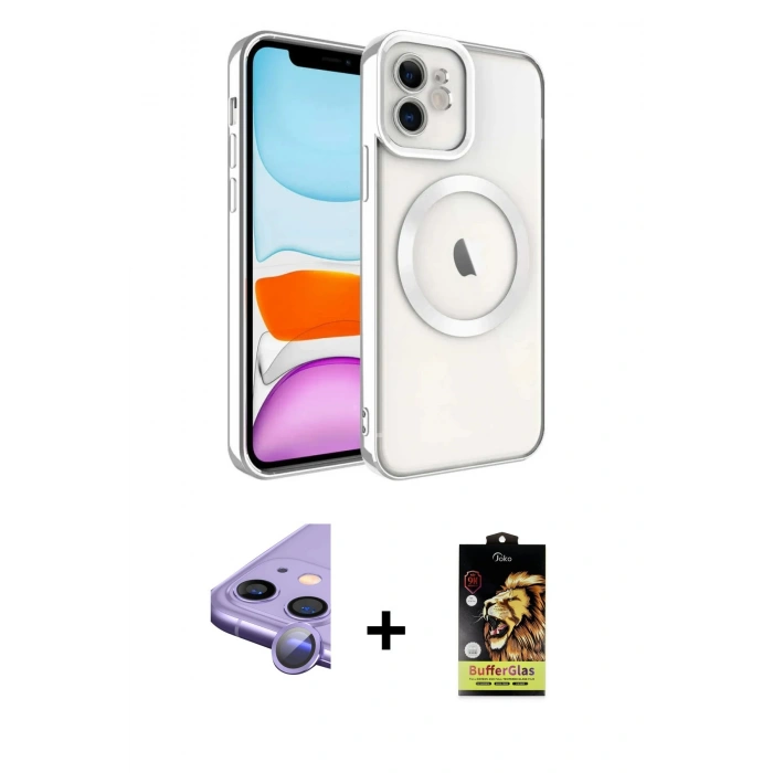 MARSİLYAN™- iPhone 11 Kılıf Nova Işık Özel Seri - Siyah Buffer Cam Ekran Koruyucu + Raze Metal Kamera Lens - MR