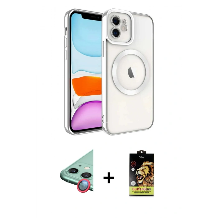 MARSİLYAN™- iPhone 11 Kılıf Nova Işık Özel Seri - Siyah Buffer Cam Ekran Koruyucu + Raze Metal Kamera Lens - KI