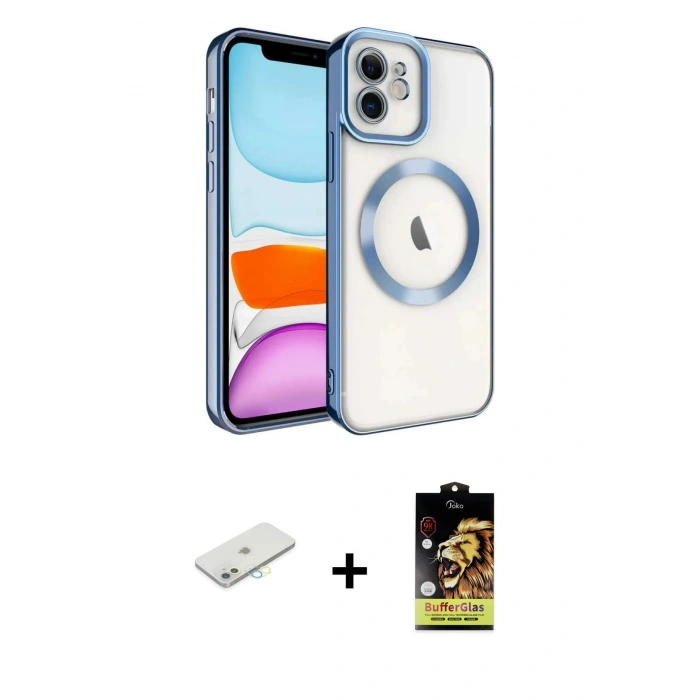 MARSİLYAN™- iPhone 11 Kılıf Nova Işık Özel Seri - Siyah Buffer Cam Ekran Koruyucu + Renkli Kamera Lens Koruma Cam - SI