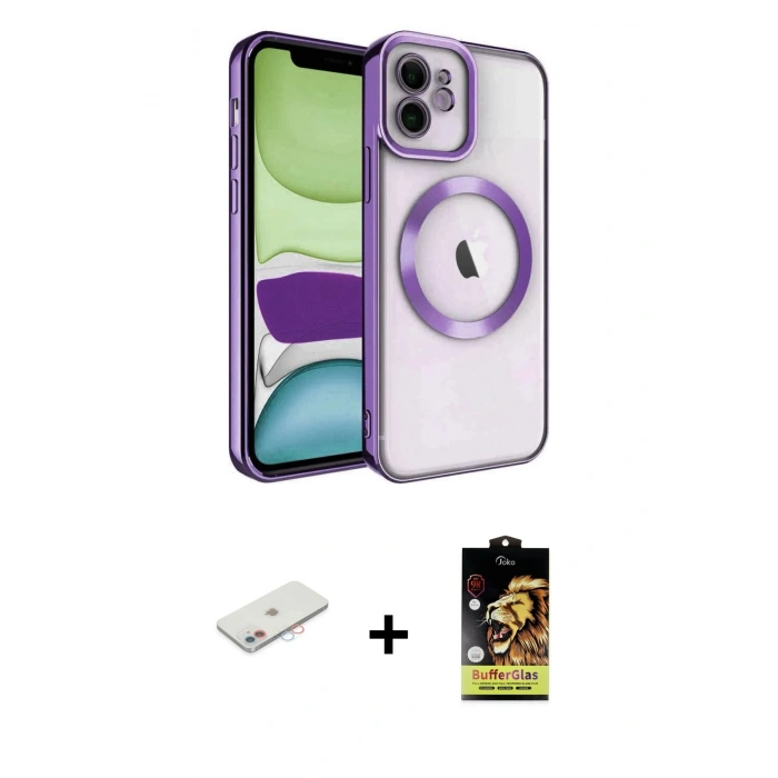 MARSİLYAN™- iPhone 11 Kılıf Nova Işık Özel Seri - Siyah Buffer Cam Ekran Koruyucu + Renkli Kamera Lens Koruma Cam - PE