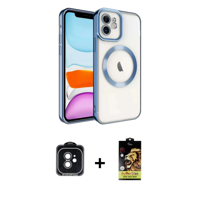MARSİLYAN™- iPhone 11 Kılıf Nova Işık Özel Seri - Siyah Buffer Cam Ekran Koruyucu + Siyah PVD Metal Kamera Lens