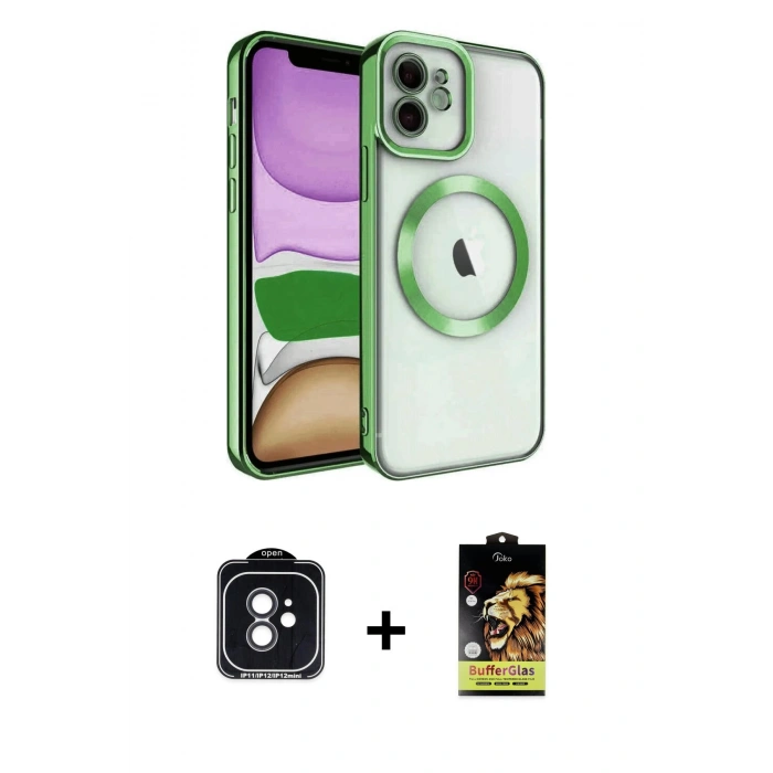 MARSİLYAN™- iPhone 11 Kılıf Nova Işık Özel Seri - Siyah Buffer Cam Ekran Koruyucu + Siyah PVD Metal Kamera Lens