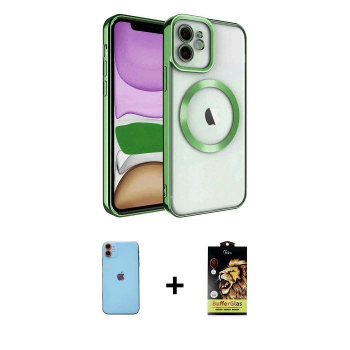 MARSİLYAN™- iPhone 11 Kılıf Nova Işık Özel Seri - Siyah Buffer Cam Ekran Koruyucu + Turuncu Neon Fosforlu Kamera Lens