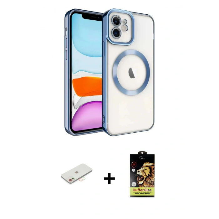 MARSİLYAN™- iPhone 11 Kılıf Nova Işık Özel Seri - Siyah Buffer Cam Ekran Koruyucu + Renkli Kamera Lens Koruma Cam - YL