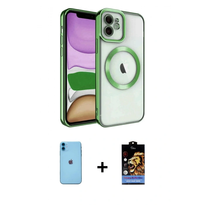 MARSİLYAN™- iPhone 11 Kılıf Nova Işık Özel Seri - Siyah Buffer Hayalet Cam Ekran Koruyucu + Neon Fosforlu Kamera Lens - MI