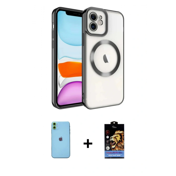 MARSİLYAN™- iPhone 11 Kılıf Nova Işık Özel Seri - Siyah Buffer Hayalet Cam Ekran Koruyucu + Neon Fosforlu Kamera Lens - YL