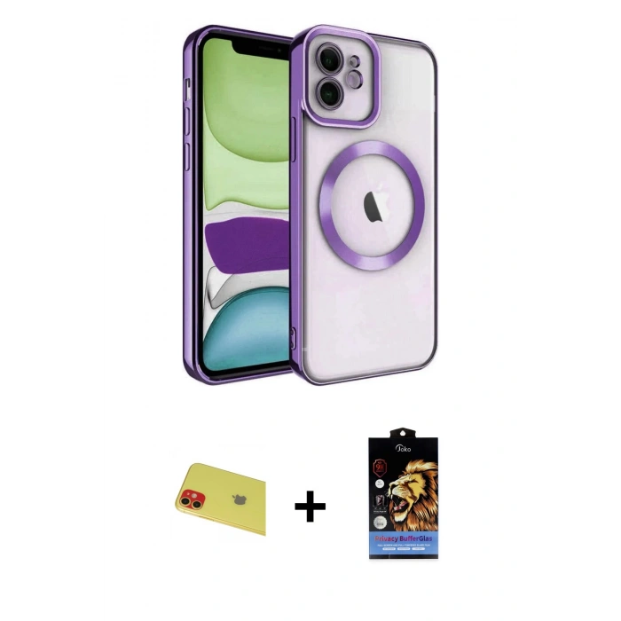 MARSİLYAN™- iPhone 11 Kılıf Nova Işık Özel Seri - Siyah Buffer Hayalet Cam Ekran Koruyucu + Rainbow Kamera Lens Koruma Cam - KI