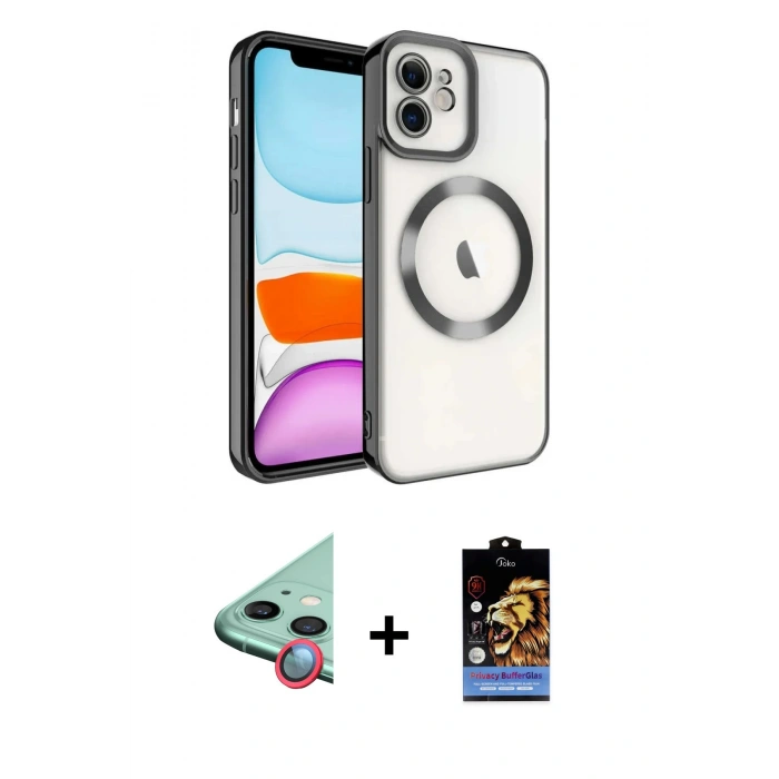 MARSİLYAN™- iPhone 11 Kılıf Nova Işık Özel Seri - Siyah Buffer Hayalet Cam Ekran Koruyucu + Raze Metal Kamera Lens - KI