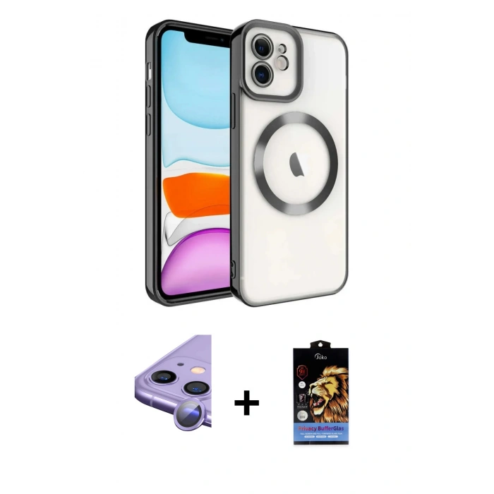 MARSİLYAN™- iPhone 11 Kılıf Nova Işık Özel Seri - Siyah Buffer Hayalet Cam Ekran Koruyucu + Raze Metal Kamera Lens - MR