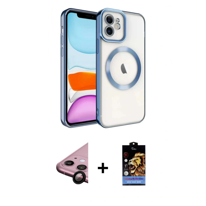 MARSİLYAN™- iPhone 11 Kılıf Nova Işık Özel Seri - Siyah Buffer Hayalet Cam Ekran Koruyucu + Raze Metal Kamera Lens - SH