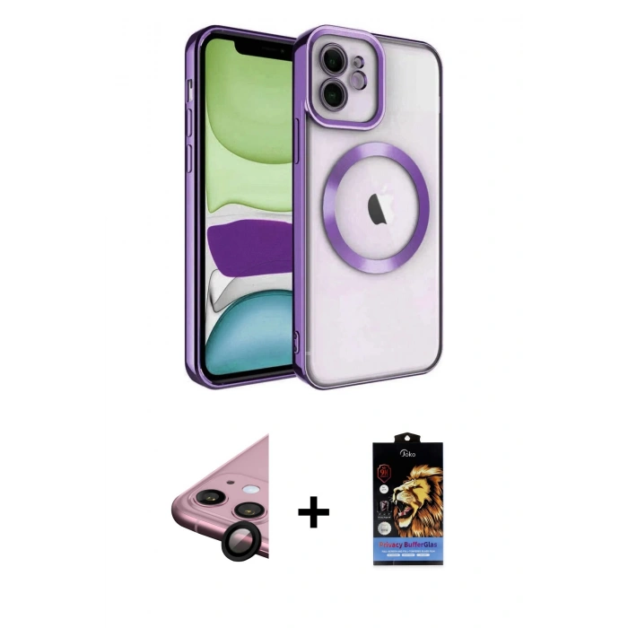 MARSİLYAN™- iPhone 11 Kılıf Nova Işık Özel Seri - Siyah Buffer Hayalet Cam Ekran Koruyucu + Raze Metal Kamera Lens - SH