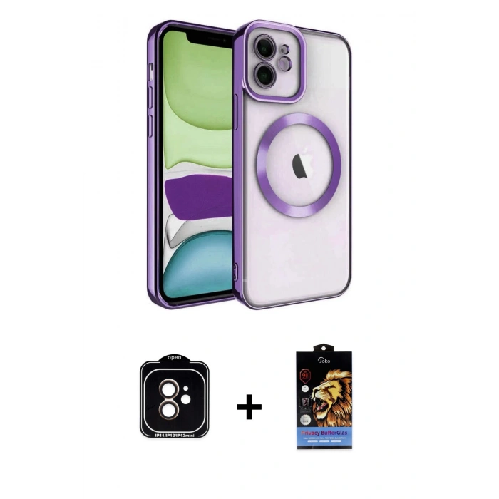MARSİLYAN™- iPhone 11 Kılıf Nova Işık Özel Seri - Siyah Buffer Hayalet Cam Ekran Koruyucu + PVD Metal Kamera Lens - TU