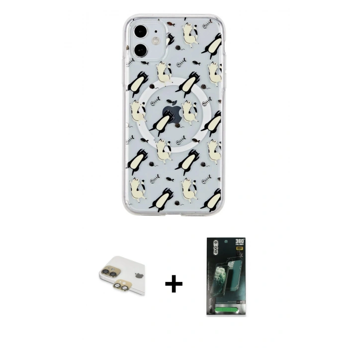 MARSİLYAN™- iPhone 11 Kılıf Pusula Form - Şeffaf 360 Full Body Arka Koruyucu + Pers Alüminyum Kamera Lens - GD