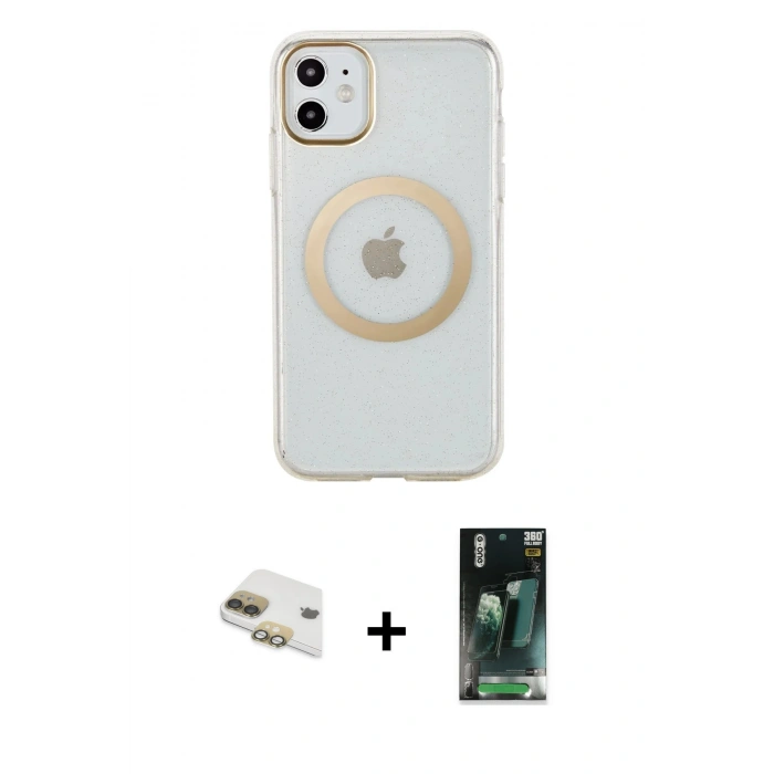 MARSİLYAN™- iPhone 11 Kılıf Pusula Form - Şeffaf 360 Full Body Arka Koruyucu + Pers Alüminyum Kamera Lens - GD