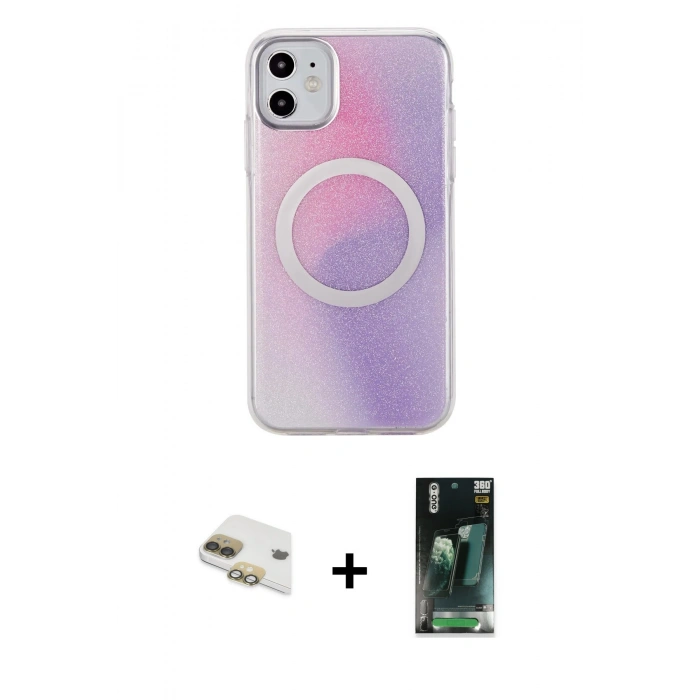 MARSİLYAN™- iPhone 11 Kılıf Pusula Form - Şeffaf 360 Full Body Arka Koruyucu + Pers Alüminyum Kamera Lens - GD