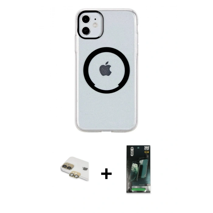 MARSİLYAN™- iPhone 11 Kılıf Pusula Form - Şeffaf 360 Full Body Arka Koruyucu + Pers Alüminyum Kamera Lens - GD