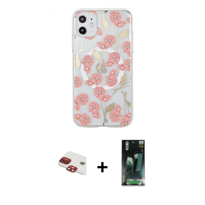 MARSİLYAN™- iPhone 11 Kılıf Pusula Form - Şeffaf 360 Full Body Arka Koruyucu + Pers Alüminyum Kamera Lens - KI