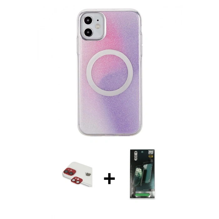 MARSİLYAN™- iPhone 11 Kılıf Pusula Form - Şeffaf 360 Full Body Arka Koruyucu + Pers Alüminyum Kamera Lens - KI