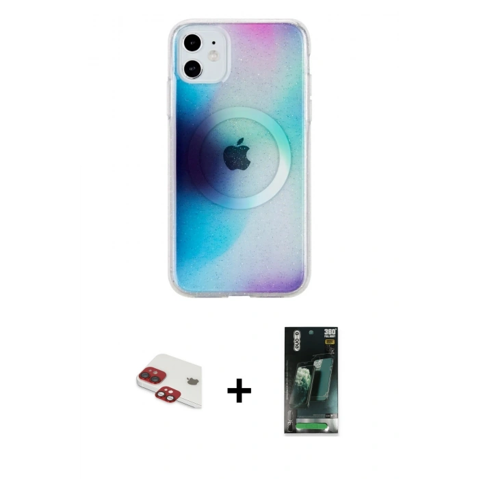 MARSİLYAN™- iPhone 11 Kılıf Pusula Form - Şeffaf 360 Full Body Arka Koruyucu + Pers Alüminyum Kamera Lens - KI