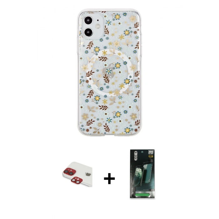 MARSİLYAN™- iPhone 11 Kılıf Pusula Form - Şeffaf 360 Full Body Arka Koruyucu + Pers Alüminyum Kamera Lens - KI