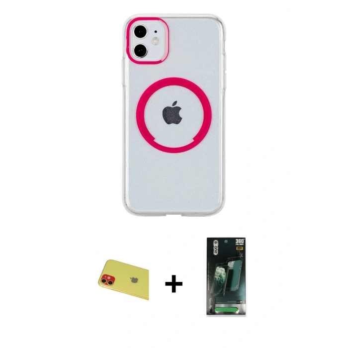 MARSİLYAN™- iPhone 11 Kılıf Pusula Form - Şeffaf 360 Full Body Arka Koruyucu + Rainbow Kamera Lens Koruma Cam - KI