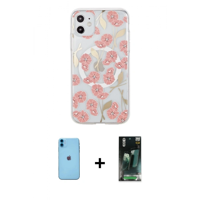 MARSİLYAN™- iPhone 11 Kılıf Pusula Form - Şeffaf 360 Full Body Arka Koruyucu + Neon Fosforlu Kamera Lens - MI