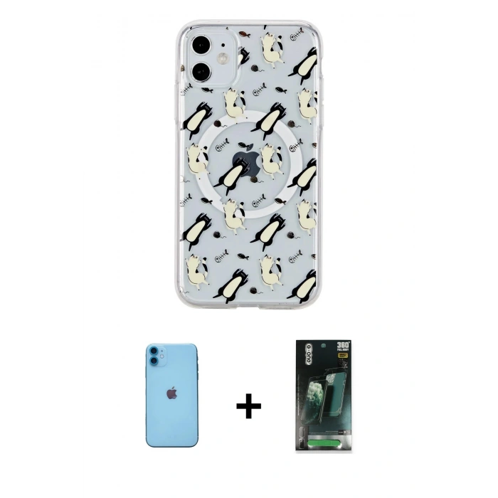 MARSİLYAN™- iPhone 11 Kılıf Pusula Form - Şeffaf 360 Full Body Arka Koruyucu + Neon Fosforlu Kamera Lens - MI