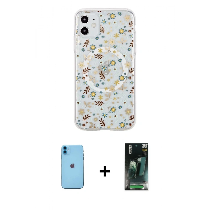 MARSİLYAN™- iPhone 11 Kılıf Pusula Form - Şeffaf 360 Full Body Arka Koruyucu + Neon Fosforlu Kamera Lens - MI