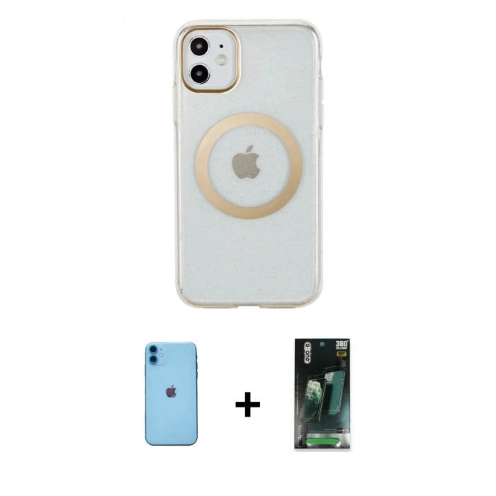 MARSİLYAN™- iPhone 11 Kılıf Pusula Form - Şeffaf 360 Full Body Arka Koruyucu + Neon Fosforlu Kamera Lens - MI