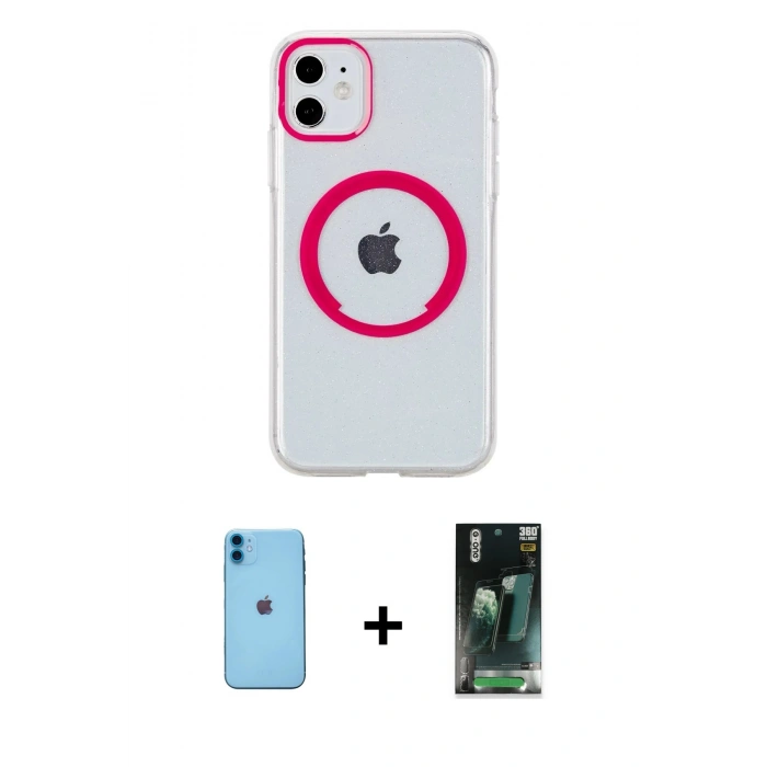 MARSİLYAN™- iPhone 11 Kılıf Pusula Form - Şeffaf 360 Full Body Arka Koruyucu + Neon Fosforlu Kamera Lens - MI