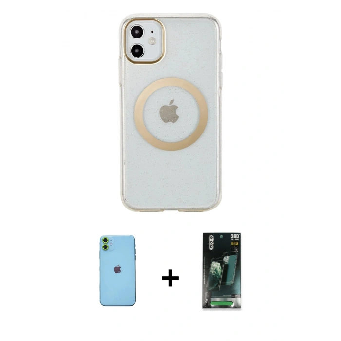 MARSİLYAN™- iPhone 11 Kılıf Pusula Form - Şeffaf 360 Full Body Arka Koruyucu + Neon Fosforlu Kamera Lens - YL
