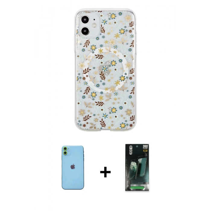 MARSİLYAN™- iPhone 11 Kılıf Pusula Form - Şeffaf 360 Full Body Arka Koruyucu + Neon Fosforlu Kamera Lens - YL