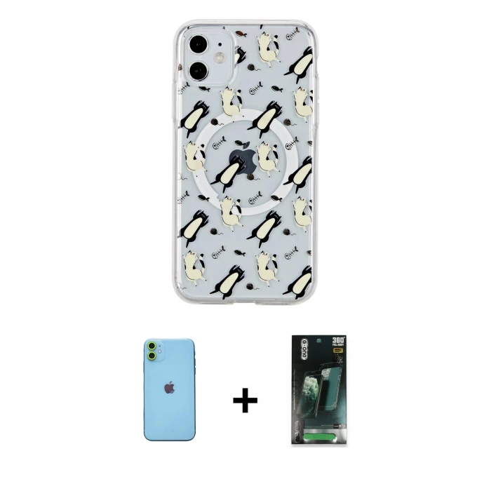 MARSİLYAN™- iPhone 11 Kılıf Pusula Form - Şeffaf 360 Full Body Arka Koruyucu + Neon Fosforlu Kamera Lens - YL