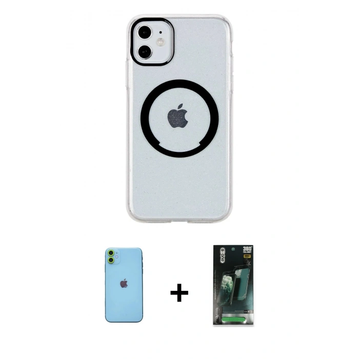 MARSİLYAN™- iPhone 11 Kılıf Pusula Form - Şeffaf 360 Full Body Arka Koruyucu + Neon Fosforlu Kamera Lens - YL