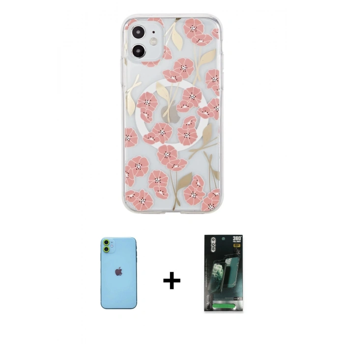 MARSİLYAN™- iPhone 11 Kılıf Pusula Form - Şeffaf 360 Full Body Arka Koruyucu + Neon Fosforlu Kamera Lens - YL