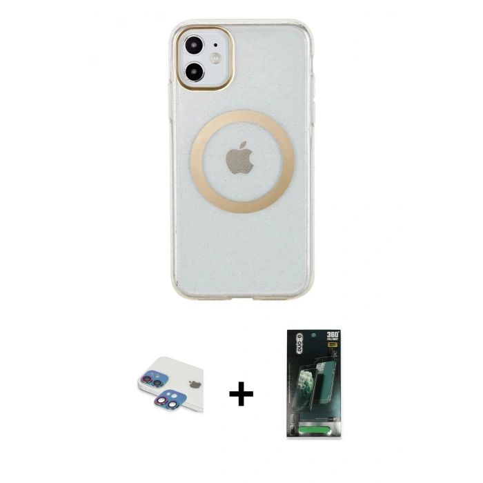 MARSİLYAN™- iPhone 11 Kılıf Pusula Form - Şeffaf 360 Full Body Arka Koruyucu + Pers Alüminyum Kamera Lens - GI