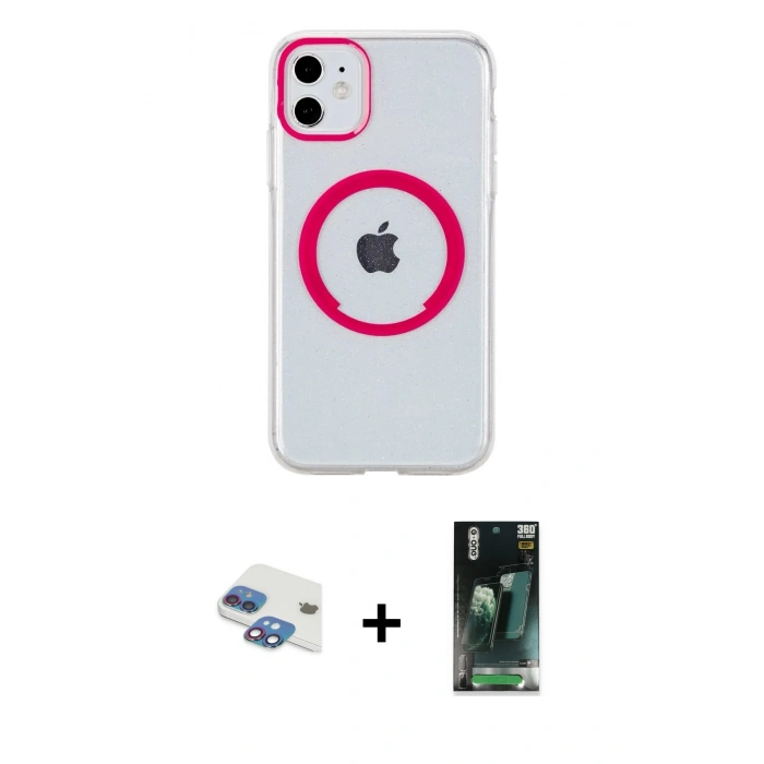 MARSİLYAN™- iPhone 11 Kılıf Pusula Form - Şeffaf 360 Full Body Arka Koruyucu + Pers Alüminyum Kamera Lens - GI