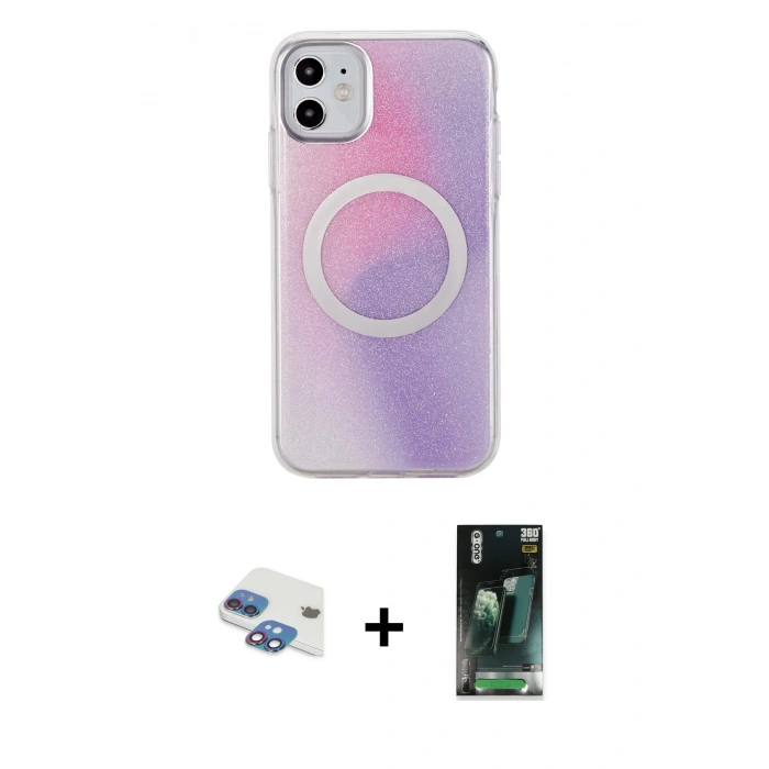 MARSİLYAN™- iPhone 11 Kılıf Pusula Form - Şeffaf 360 Full Body Arka Koruyucu + Pers Alüminyum Kamera Lens - GI