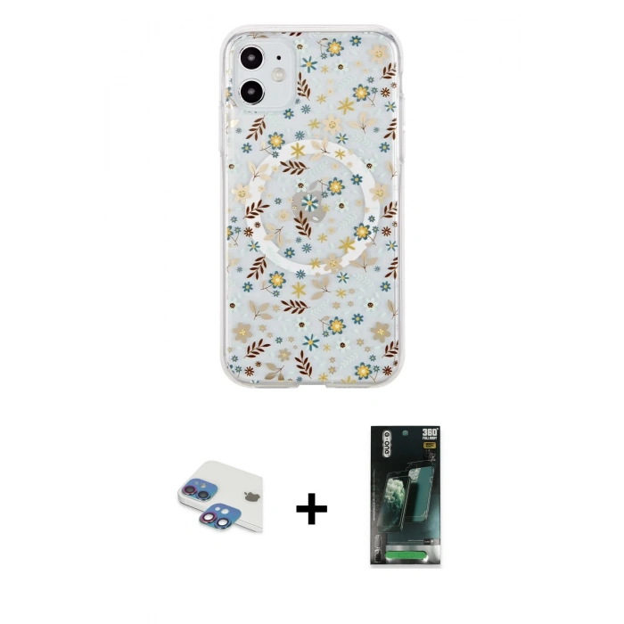 MARSİLYAN™- iPhone 11 Kılıf Pusula Form - Şeffaf 360 Full Body Arka Koruyucu + Pers Alüminyum Kamera Lens - GI