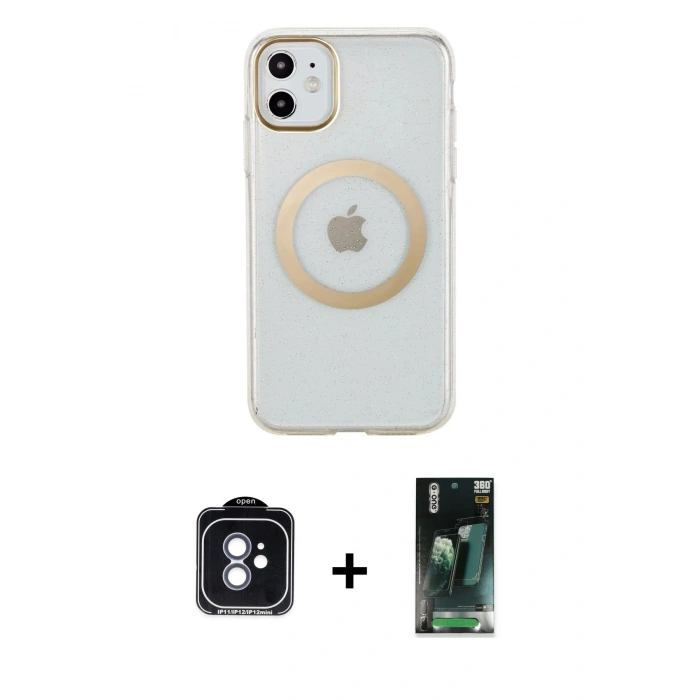 MARSİLYAN™- iPhone 11 Kılıf Pusula Form - Şeffaf 360 Full Body Arka Koruyucu + PVD Metal Kamera Lens - MI